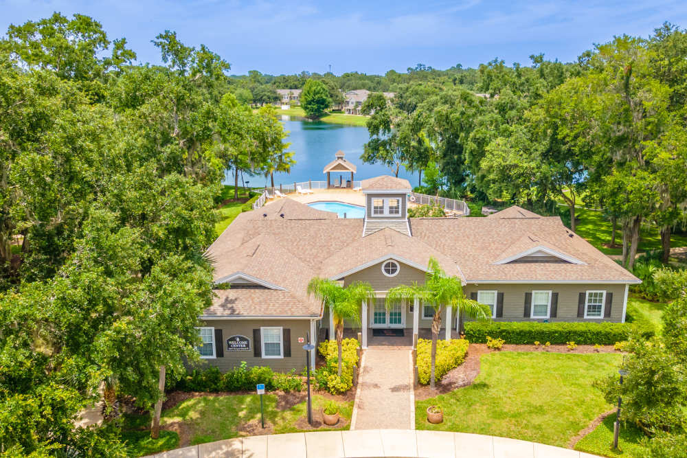 Clubhouse and pool area at community at Newport Sound Apartments in New Smyrna Beach, Florida