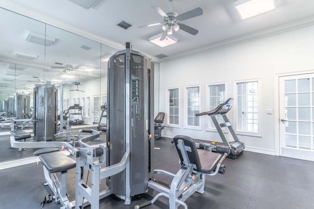 Bright, open fitness center with equipment at Newport Sound Apartments in New Smyrna Beach, Florida