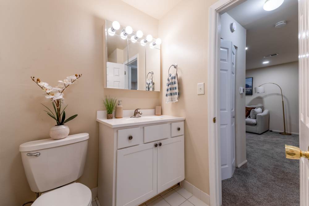 Bathroom vanity with mirror lights, sink, and toilet area at Kuser Village in Hamilton, New Jersey