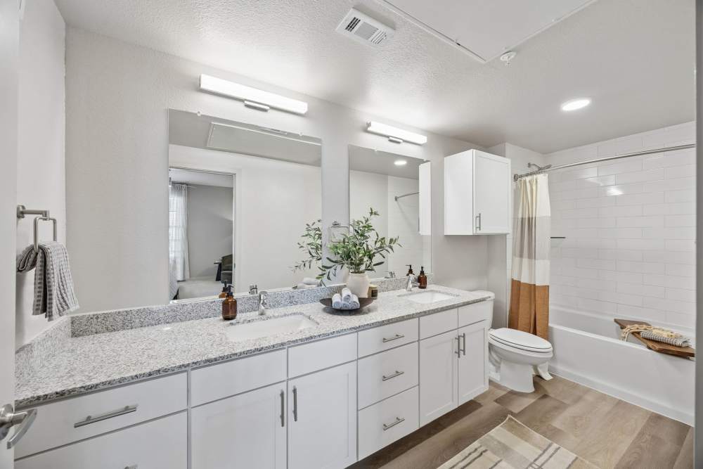 Bathroom with an Oversized Vanity with Ample Storage at The Margaret at Riverfront in Dallas, Texas