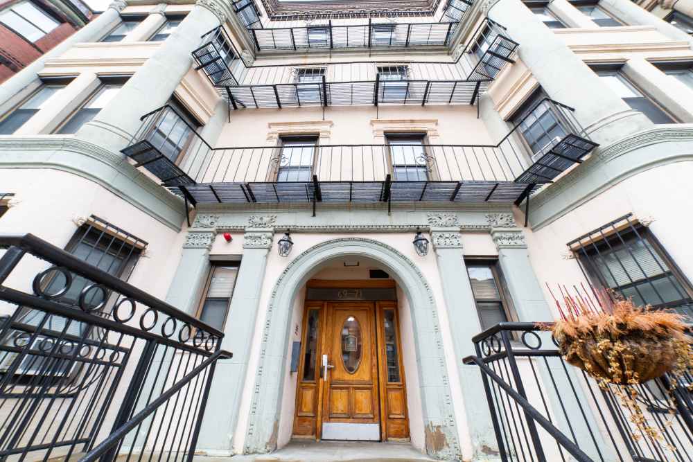 Front entrance of the building at 71 Westland Apartments in Boston, Massachusetts
