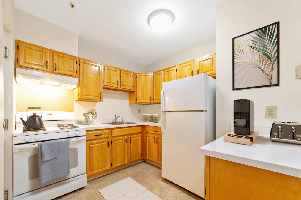 Kitchen with wooden cabinets at 71 Westland Apartments in Boston, Massachusetts