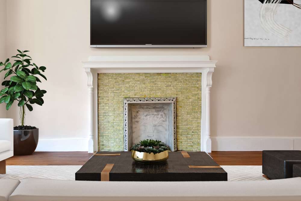 Modern living room with fireplace, TV, coffee table, and plants at 71 Westland Apartments in Boston, Massachusetts
