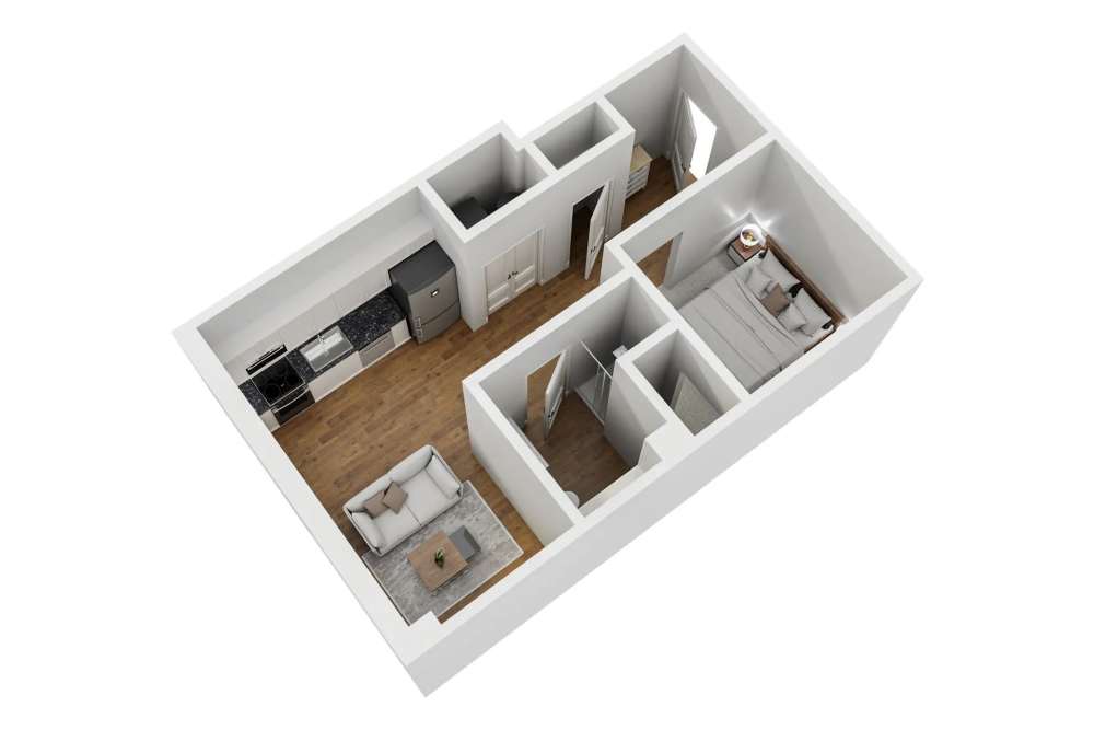 One bedroom floor plan of new apartment home at The Franklin in Ankeny, Iowa