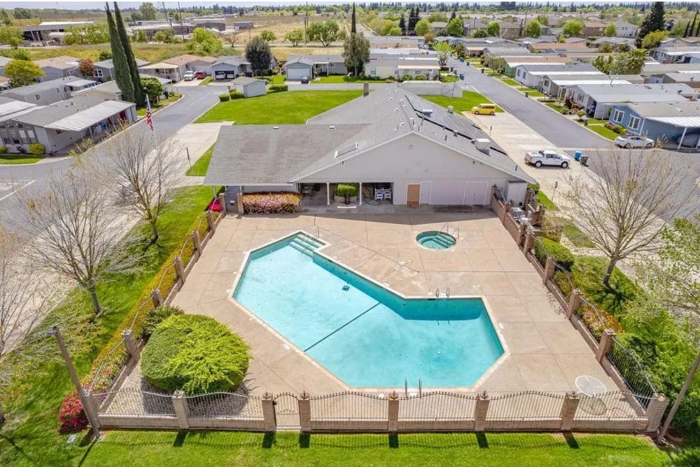 Aerial view of swimming pool at Dell-Wayne Estates in Yuba City, California