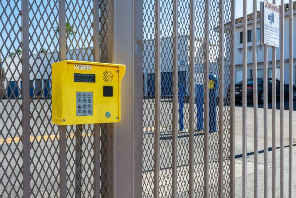 Secure entry system for gated access at FlexWorks Denver North in Denver, Colorado
