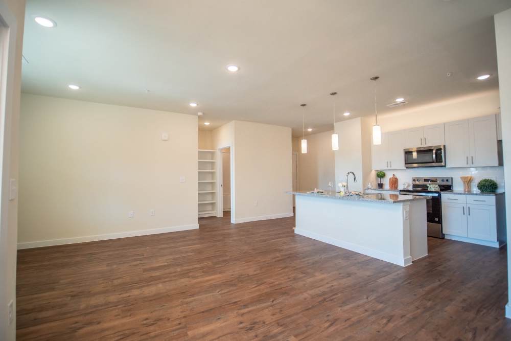 living room with view of kitchen and pantry