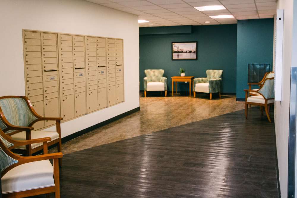 Mail area with seating at Chestnut Crossing in Springfield, Massachusetts