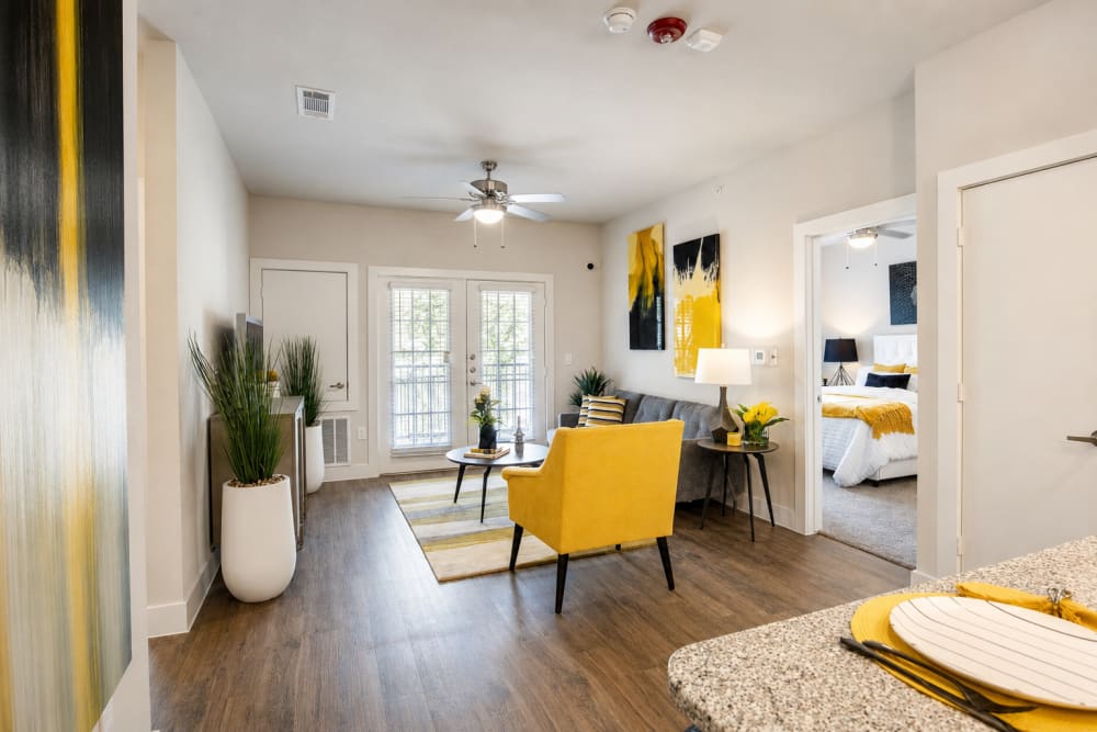 Apartment kitchen with an island at Esperanza in San Antonio, Texas