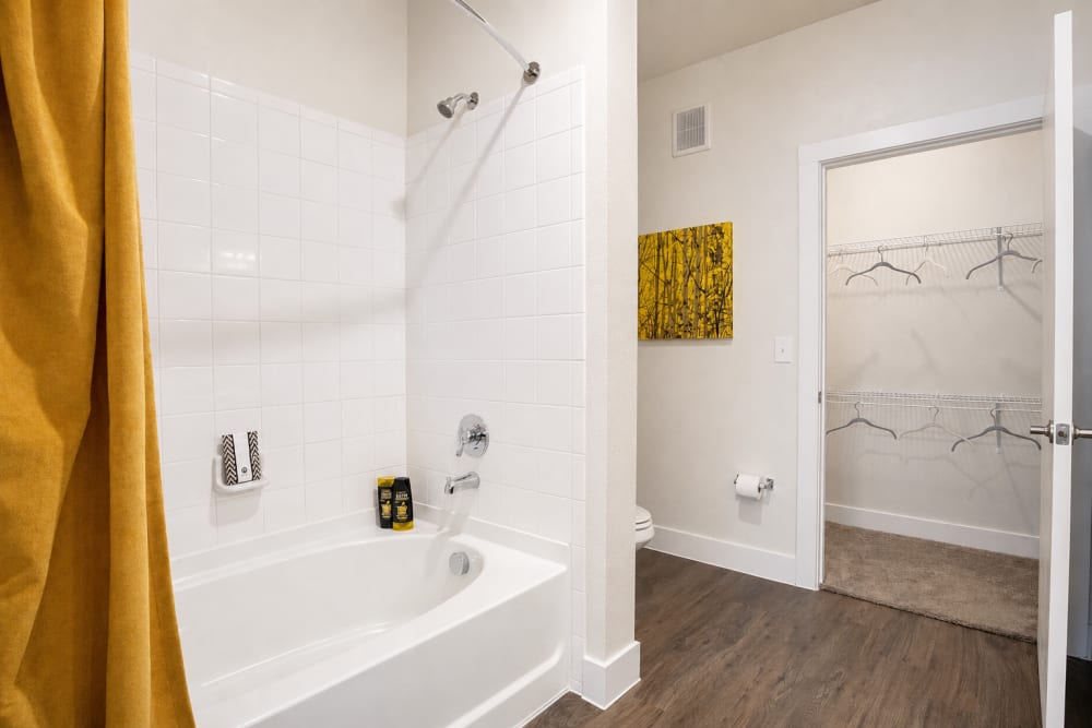 Modern finishes in an apartment bathroom at Esperanza in San Antonio, Texas