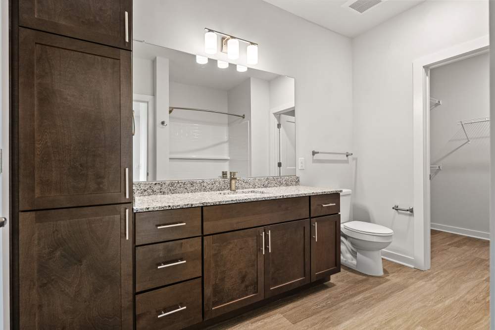 Bathroom vanity with dark wood cabinets and ample counter space at The Cascade at Foundry Creek in Richmond, Virginia