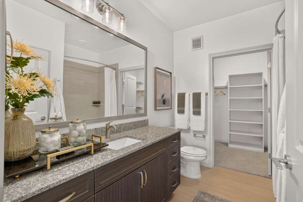 Spacious bathroom with lots of counter and cabinet space connected to a large walk-in closet at Fidelis Willis. 