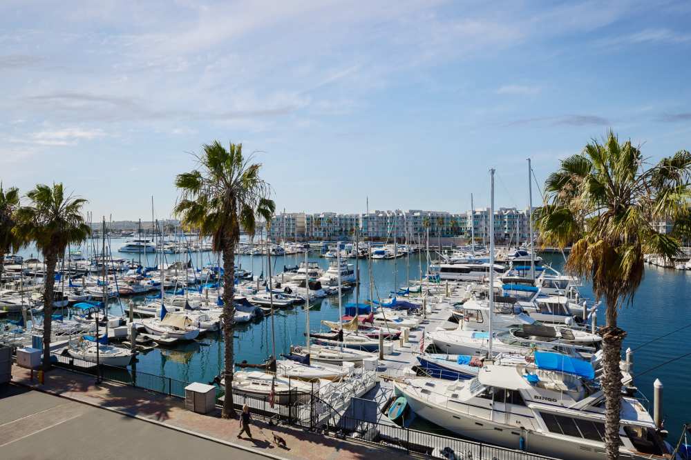 Boats docked in the marina near Dolphin Marina Apartments in Marina Del Rey, California