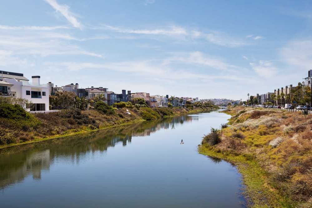 Aerial view of wetlands near Dolphin Marina Apartments in Marina Del Rey, California