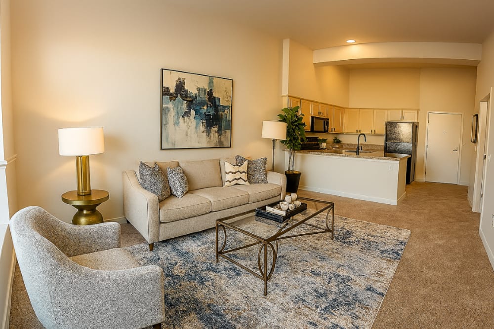 Elegant living and dining area with modern furniture, area rug, and stylish lighting at North Main Village in Milwaukie, Oregon  