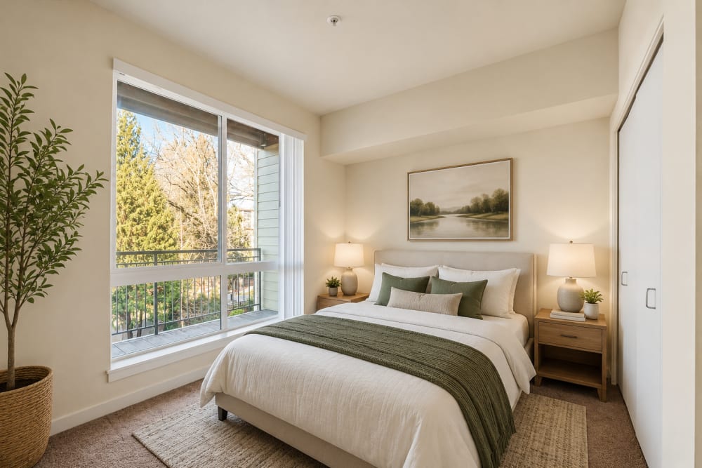 Spacious bedroom with large window, natural light, and modern furnishings at North Main Village in Milwaukie, Oregon  