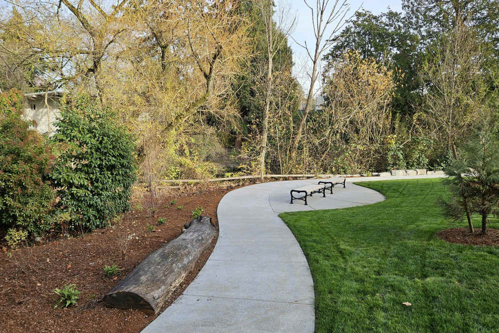 Landscaped community walking path winding through green lawns, trees, and natural surroundings at North Main Village in Milwaukie, Oregon  