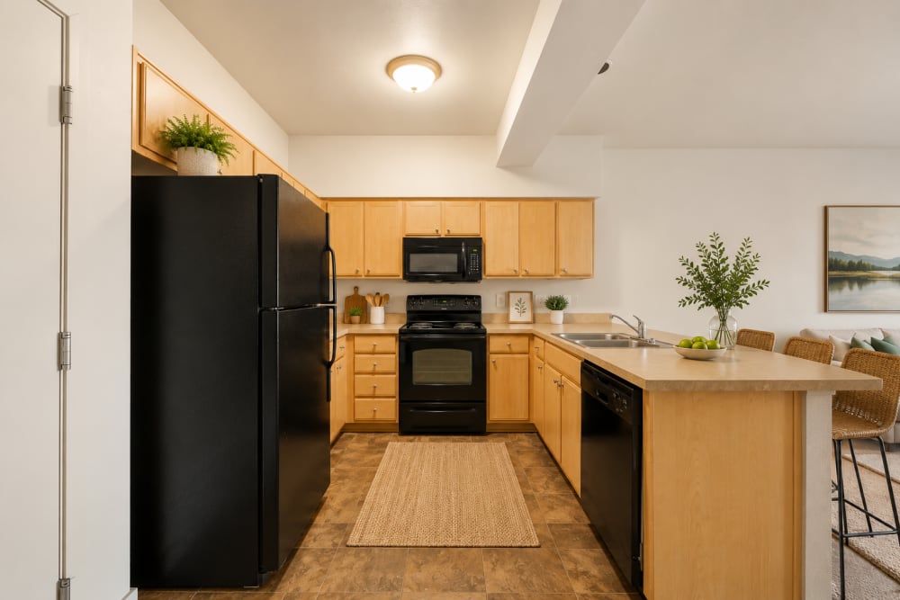 Bright apartment kitchen and entry area with contemporary finishes and black appliances at North Main Village in Milwaukie, Oregon  