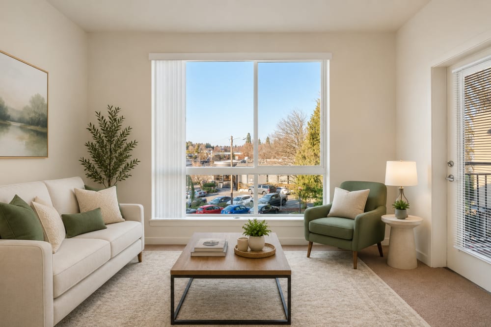 Bright living room with large windows, comfortable seating, and modern apartment décor at North Main Village in Milwaukie, Oregon  