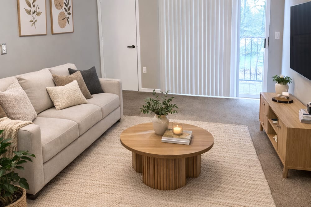 Bright living room featuring a sofa, accent chairs, coffee table, and large window with natural light at Reedville Meadows in Beaverton, Oregon  