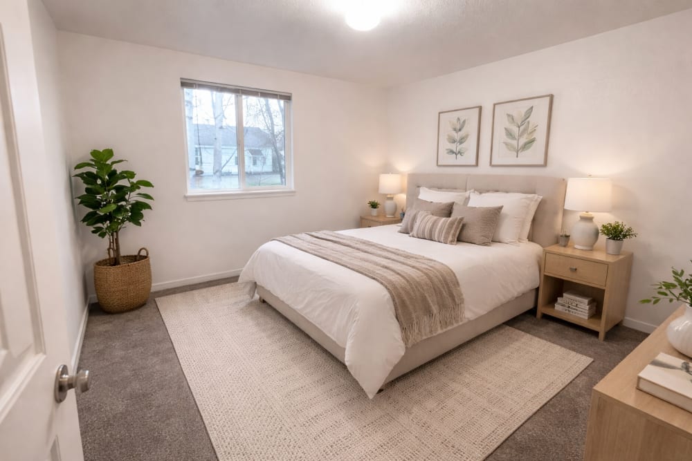 Bright apartment bedroom with neutral décor, large window, and modern furnishings at Reedville Meadows in Beaverton, Oregon  
