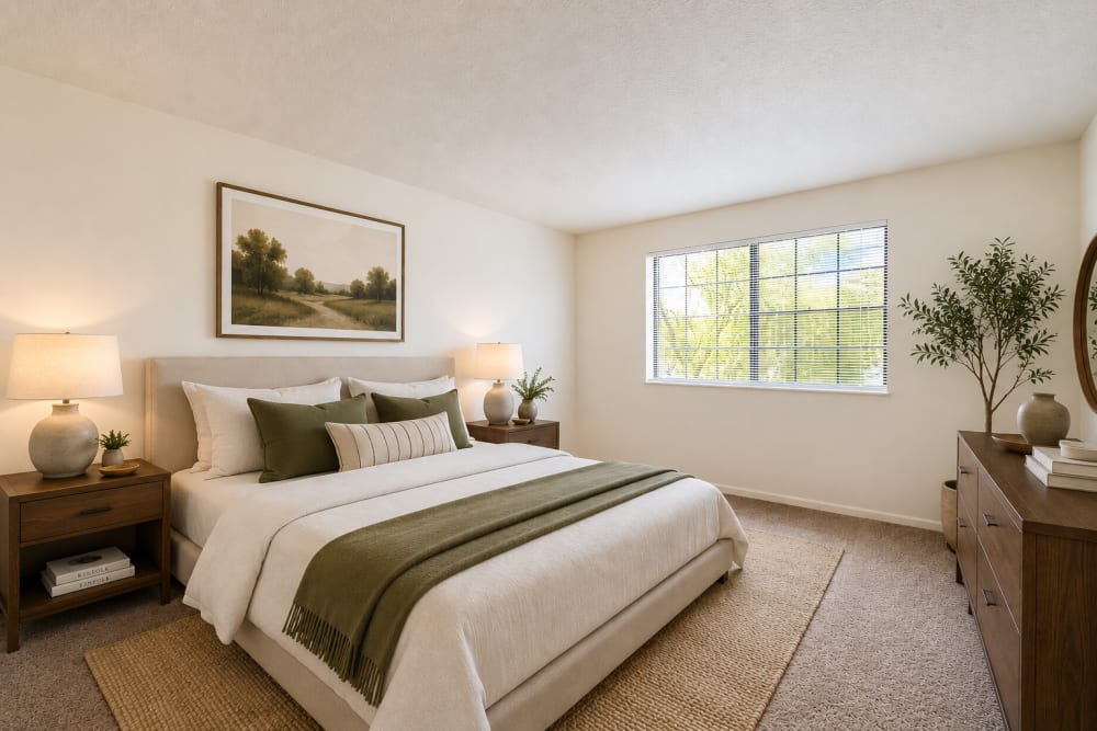 Staged bedroom with neutral decor and large window at Carriage Court in Cincinnati, Ohio