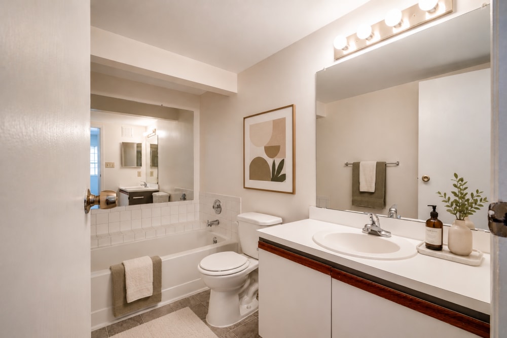 Staged bathroom with modern decor at Carriage Court in Cincinnati, Ohio
