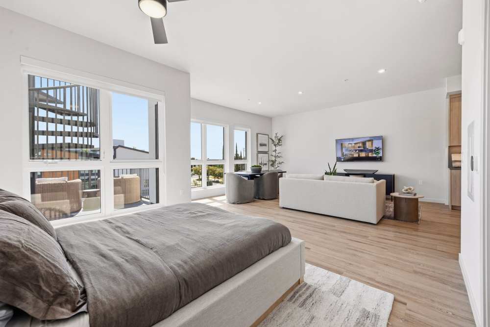 Well-lit bedroom with big windows from Haven Collection at Haven and Arrow in Rancho Cucamonga, California