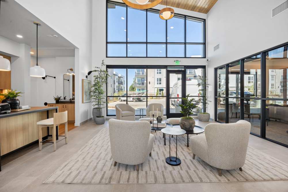 Community lounge with big windows at Haven and Arrow in Rancho Cucamonga, California