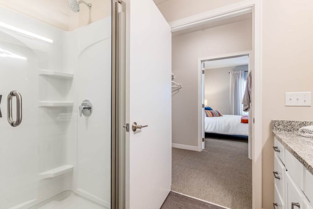 Bathroom with walk-in shower at Buckstone Flats in Obetz, Ohio