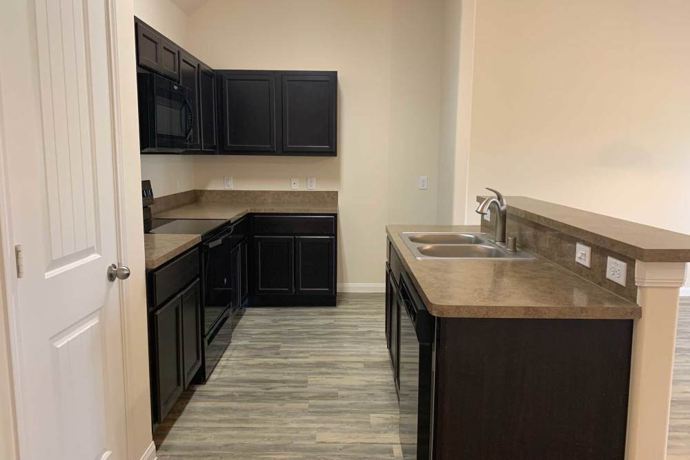 Kitchen with dark cabinets and countertop at 36 Palms Townhomes in Missouri City, Texas