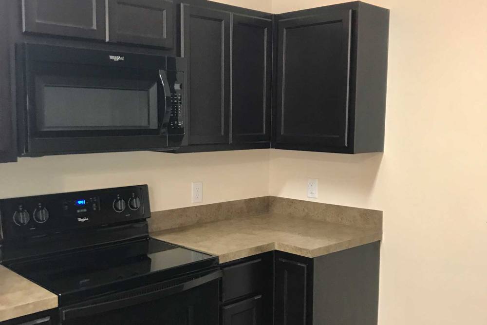 Black stove with control knobs and display at 36 Palms Townhomes in Missouri City, Texas