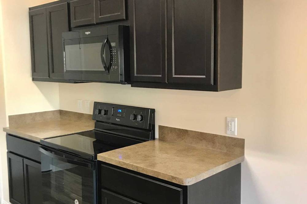 Black kitchen cabinets with countertop and appliances at 36 Palms Townhomes in Missouri City, Texas