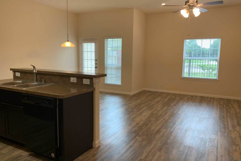 Windows with blinds and light wood flooring at 36 Palms Townhomes in Missouri City, Texas
