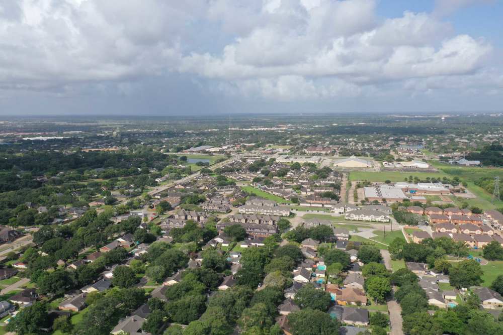 Aerial view of residential neighborhoods at 36 Palms Townhomes in Missouri City, Texas
