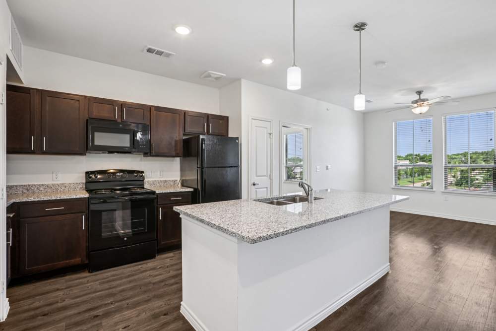 Open-concept kitchen with island, dark cabinets, and natural light Limestone Ridge Apartments in Austin, Texas