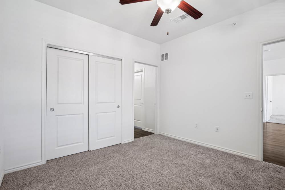 Spacious bedroom with double closet doors and ceiling fan Limestone Ridge Apartments in Austin, Texas