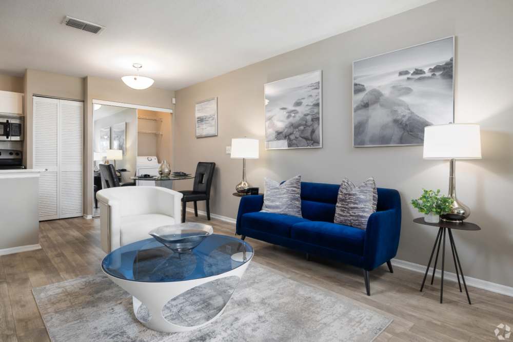 Stylish blue sofa with modern decor at Highpoint Club in Orlando, Florida