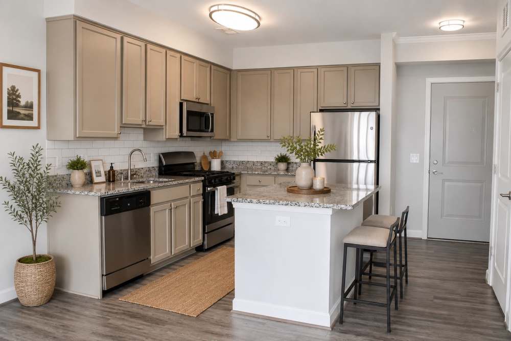 Open kitchen with plenty of cabinet space at Manassas Station Apartments in Manassas, Virginia