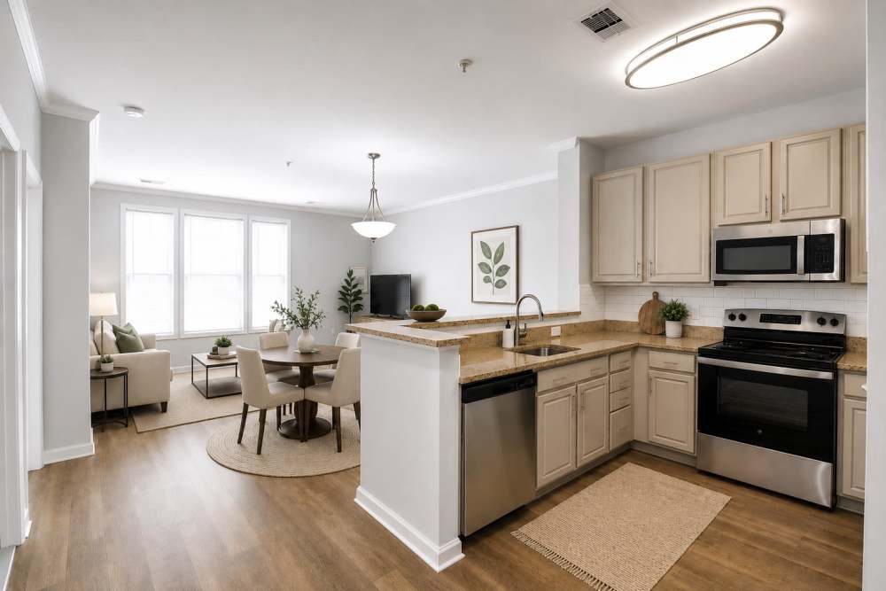 Spacious west kitchen layout with wood-style flooring at Manassas Station Apartments in Manassas, Virginia