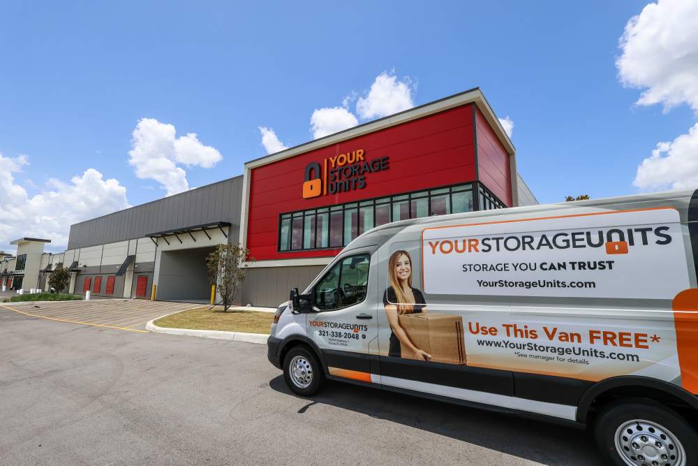 Storage facility with branded moving van outside at Your Storage Units Cocoa in Cocoa, Florida