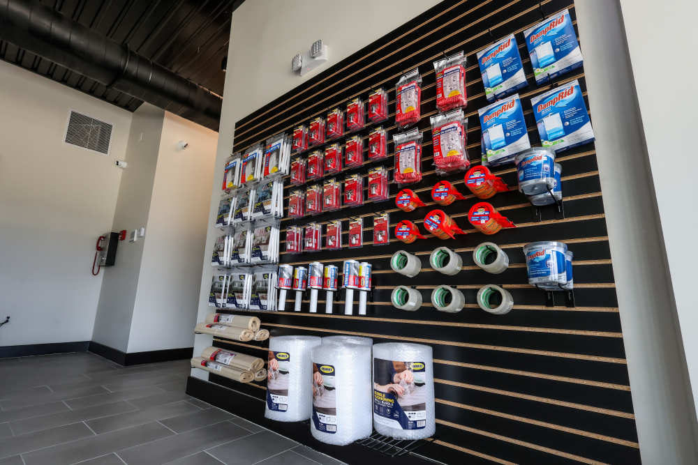 Packing and moving supplies display wall at Your Storage Units Cocoa in Cocoa, Florida