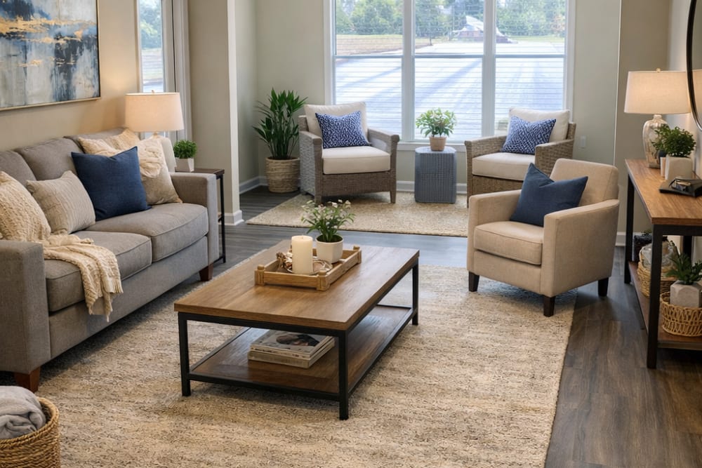 Furnished living room at Palisades of Wake Forest in Wake Forest, North Carolina
