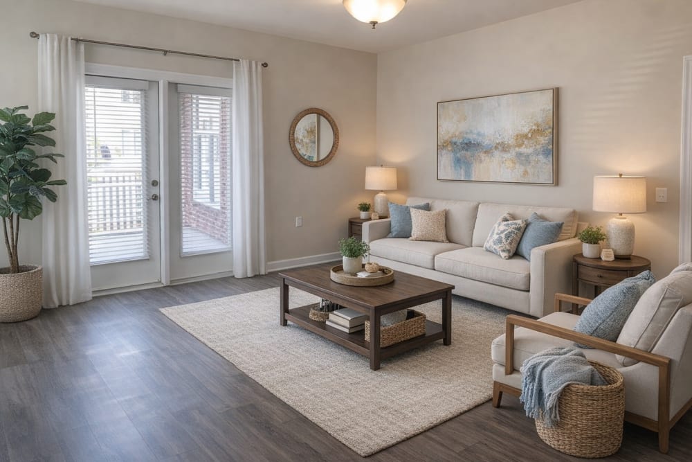 Furnished living room at Palisades of Wake Forest in Wake Forest, North Carolina