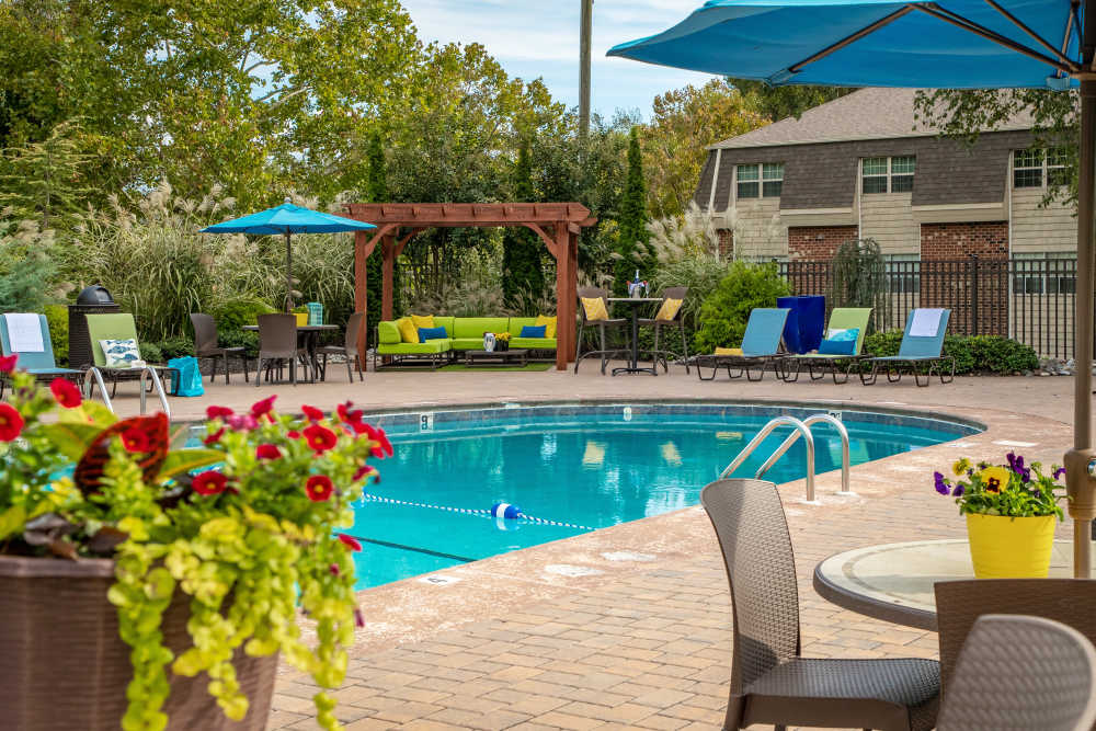 Blue pool with lounge chairs and flowers at Collins Crossing Apartments in Carrboro, North Carolina