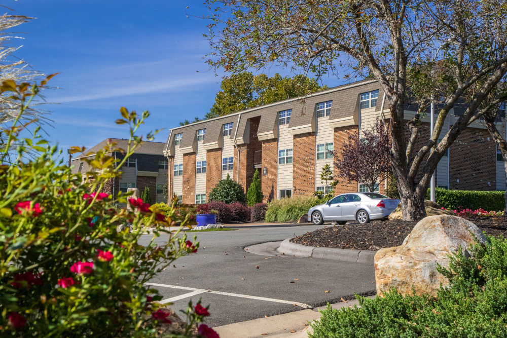 Car parked on the road with landscaping at Collins Crossing Apartments in Carrboro, North Carolina