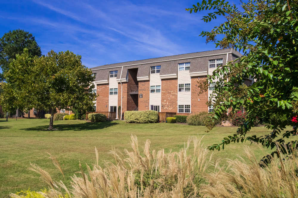 Tall grass in foreground with apartment building at Collins Crossing Apartments in Carrboro, North Carolina