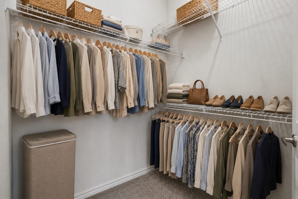 Walk-in closet with custom shelving, hanging storage, and organized apparel at Limestone Ridge Apartments in Austin, Texas