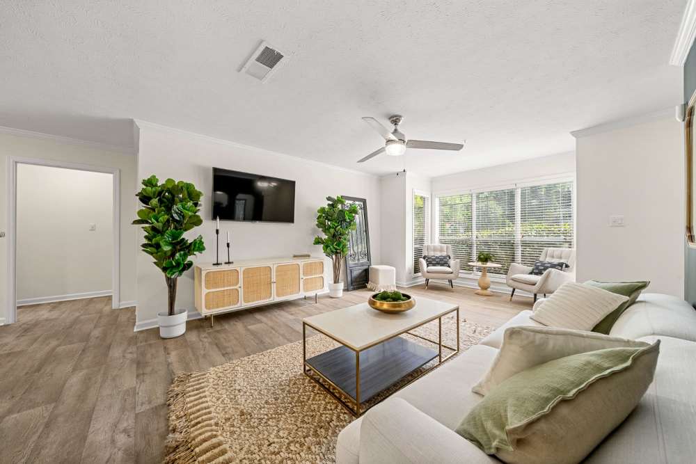 LIving room with modern details at Brush Factory Lofts in Philadelphia, Pennsylvania