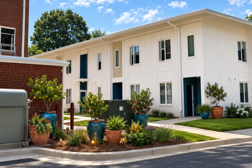 Building exterior with grassy area at Dunbar Apartments in Lexington, North Carolina